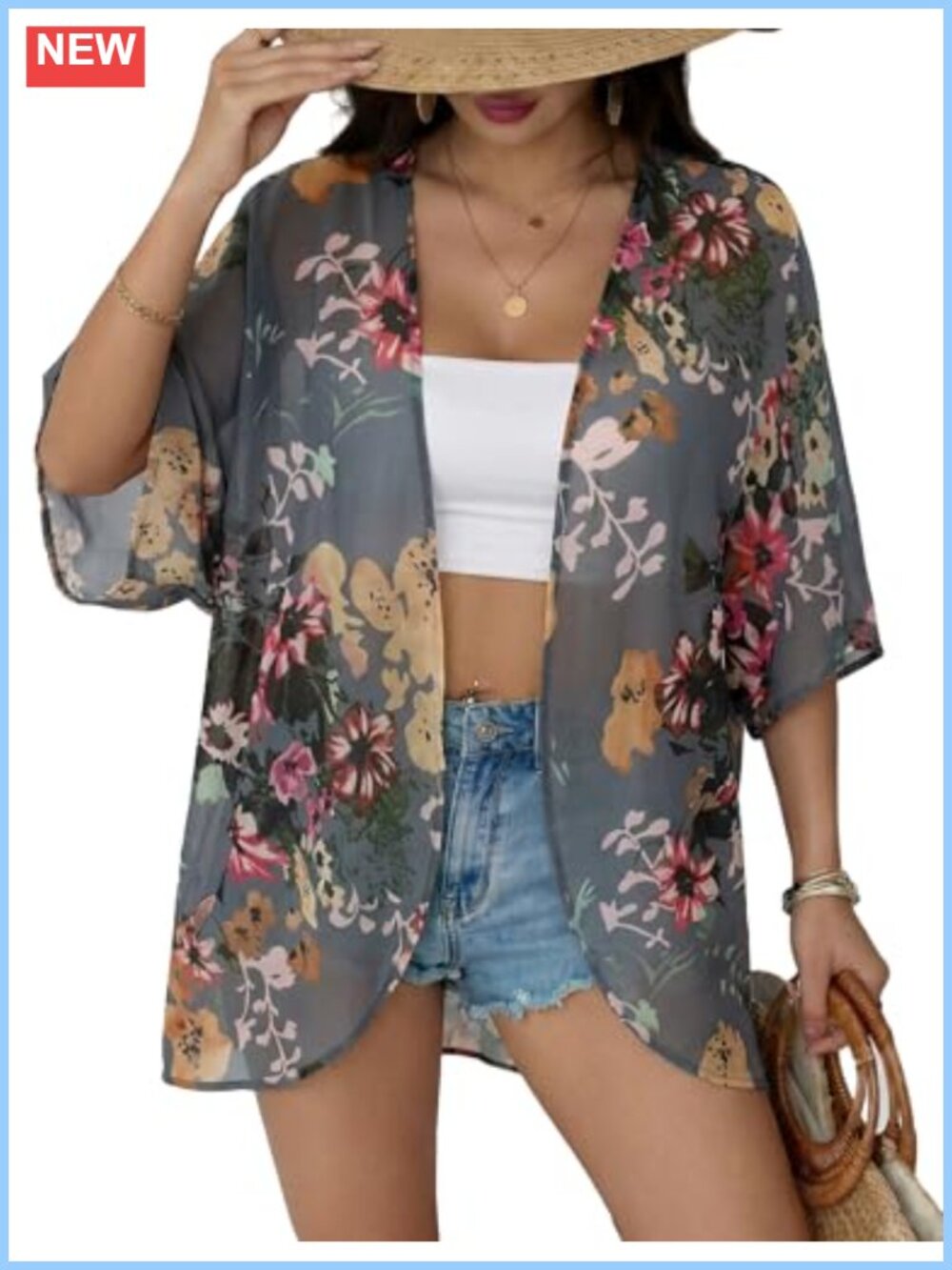 Women's Chiffon Floral Kimono Cardigan Open Front Beach Cover Up Swimwear